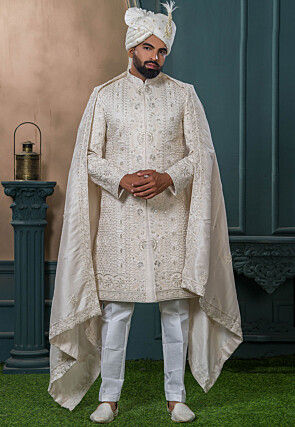 Embroidered Art Silk Sherwani in Beige