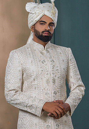 Embroidered Art Silk Sherwani in Beige