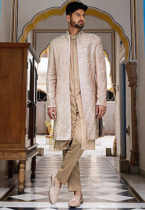 Embroidered Art Silk Sherwani in Beige
