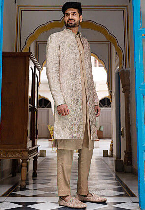 Embroidered Art Silk Sherwani in Beige