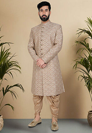 Embroidered Art Silk Sherwani in Beige