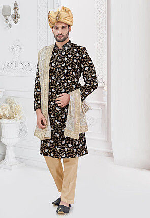 Embroidered Art Silk Sherwani in Black