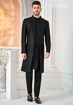 Embroidered Art Silk Sherwani in Black