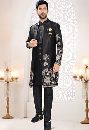 Embroidered Art Silk Sherwani in Black