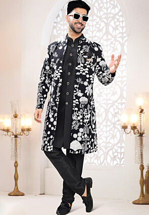 Embroidered Art Silk Sherwani in Black