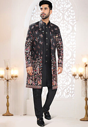 Embroidered Art Silk Sherwani in Black