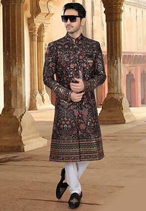 Embroidered Art Silk Sherwani in Black