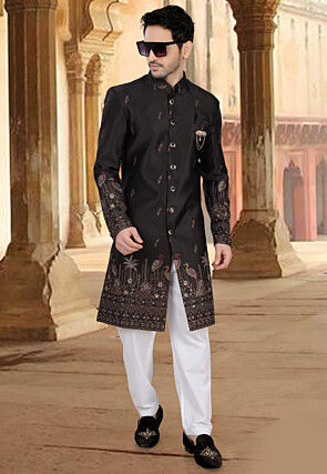 Embroidered Art Silk Sherwani in Black
