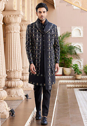 Embroidered Art Silk Sherwani in Black