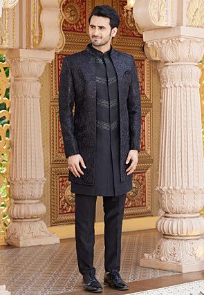 Embroidered Art Silk Sherwani in Black