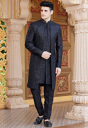 Embroidered Art Silk Jacket Style Sherwani in Black