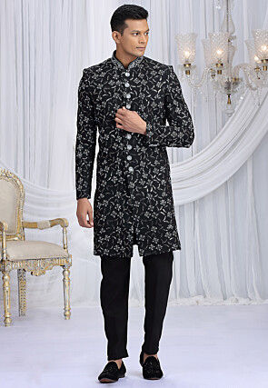 Embroidered Art Silk Sherwani in Black