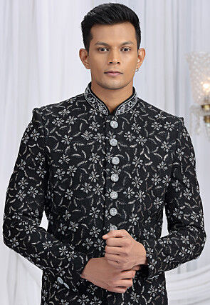 Embroidered Art Silk Sherwani in Black