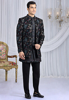 Embroidered Art Silk Sherwani in Black