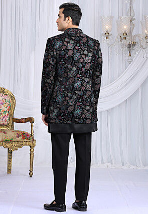 Embroidered Art Silk Sherwani in Black