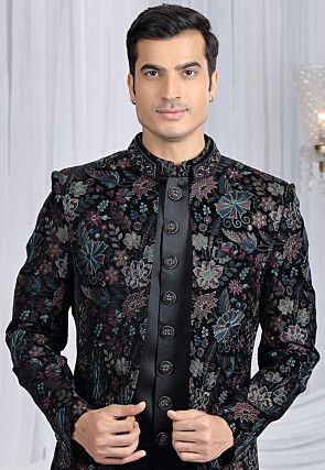 Embroidered Art Silk Sherwani in Black