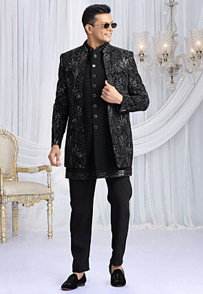 Embroidered Art Silk Sherwani in Black