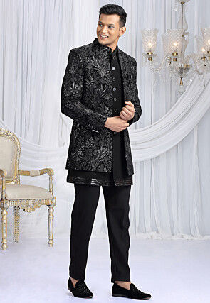 Embroidered Art Silk Sherwani in Black