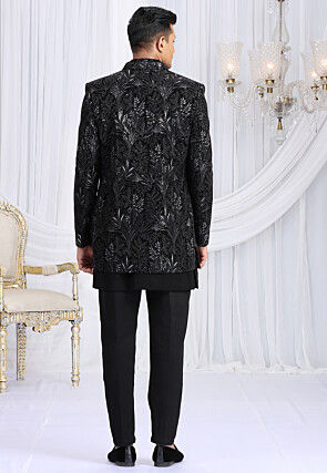 Embroidered Art Silk Sherwani in Black