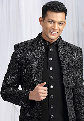 Embroidered Art Silk Sherwani in Black