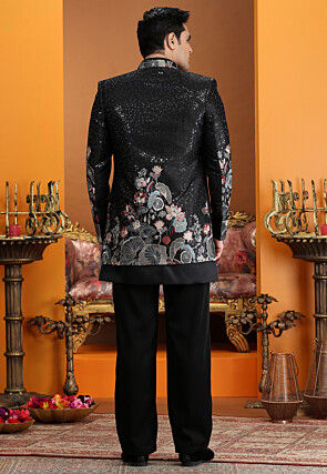 Embroidered Art Silk Sherwani in Black