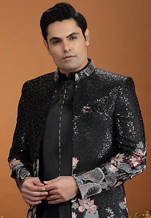 Embroidered Art Silk Sherwani in Black