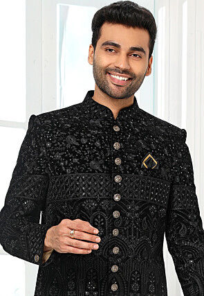 Embroidered Velvet Sherwani in Black