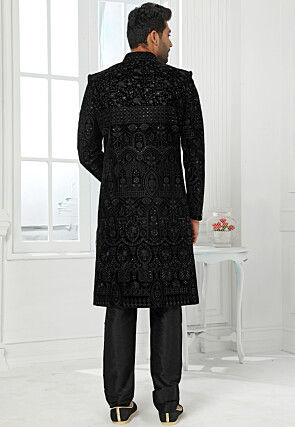 Embroidered Velvet Sherwani in Black
