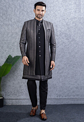 Embroidered Art Silk Sherwani in Black
