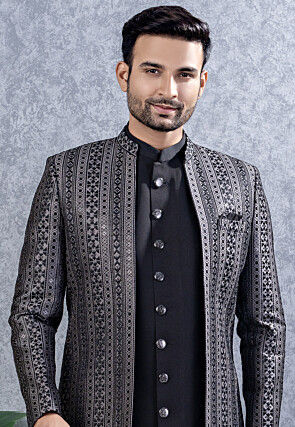 Embroidered Art Silk Sherwani in Black