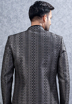 Embroidered Art Silk Sherwani in Black