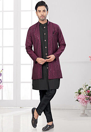 Embroidered Art Silk Sherwani in Black