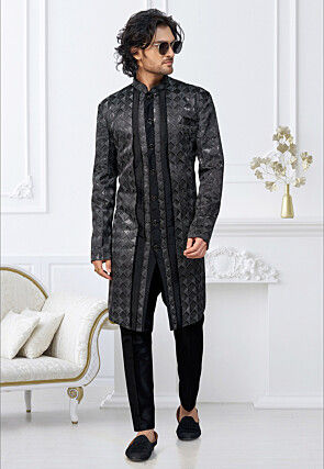 Embroidered Art Silk Sherwani in Black