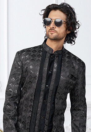 Embroidered Art Silk Sherwani in Black