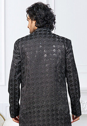 Embroidered Art Silk Sherwani in Black
