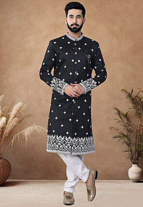 Embroidered Art Silk Sherwani in Black