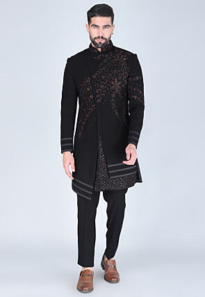 Embroidered Art Silk Sherwani in Black