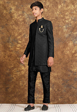 Embroidered Art Silk Sherwani in Black