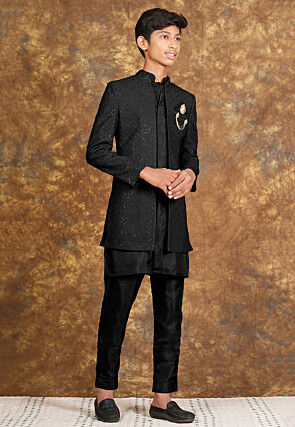 Embroidered Art Silk Sherwani in Black