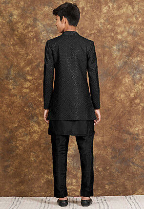 Embroidered Art Silk Sherwani in Black