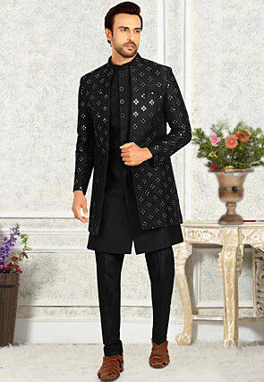 Embroidered Art Silk Sherwani in Black