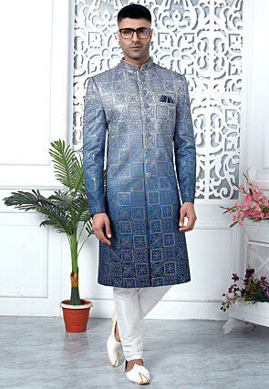 Embroidered Art Silk Sherwani in Blue Ombre