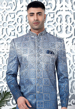 Embroidered Art Silk Sherwani in Blue Ombre
