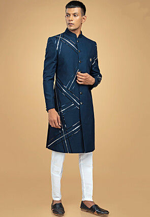 Embroidered Art Silk Sherwani in Blue