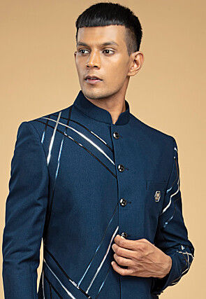 Embroidered Art Silk Sherwani in Blue