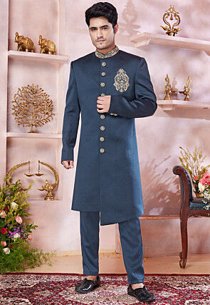 Embroidered Art Silk Sherwani in Blue