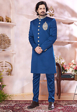 Embroidered Art Silk Sherwani in Blue