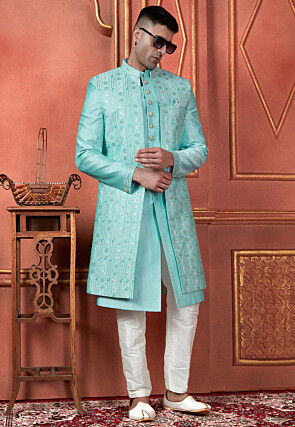 Embroidered Art Silk Sherwani in Blue