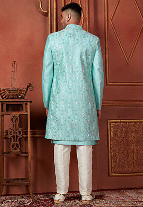 Embroidered Art Silk Sherwani in Blue