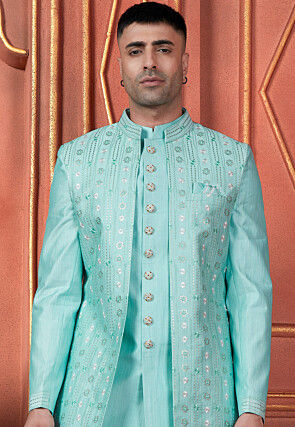 Embroidered Art Silk Sherwani in Blue